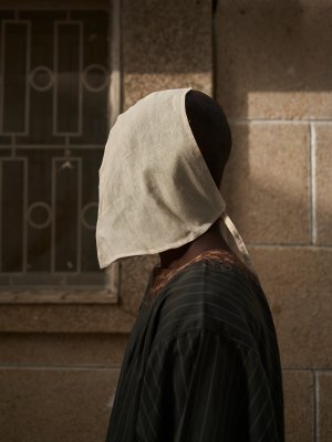 Worn Striped Green Olive Jam-Puut and White Cotton Headpiece, Earth Tone