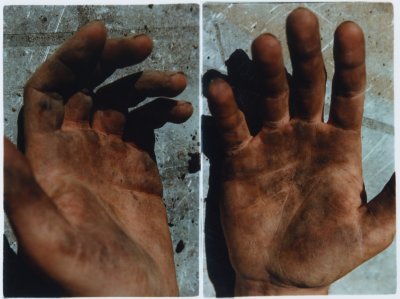 Hands of a market gardener and protester in Saint-Soline 2 during sowing
